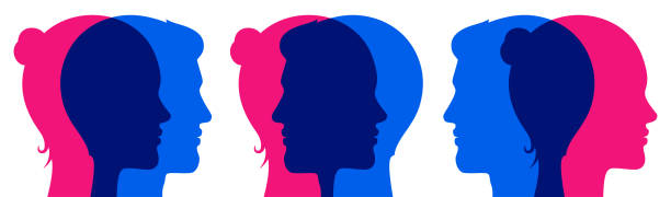 istock Vector set of overlapping man and woman heads, looking at the same and different directions. 1392116059