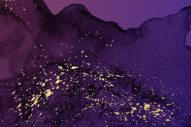 istock Watercolor background with abstract dark purple ink stains and golden splashes. 1392117280