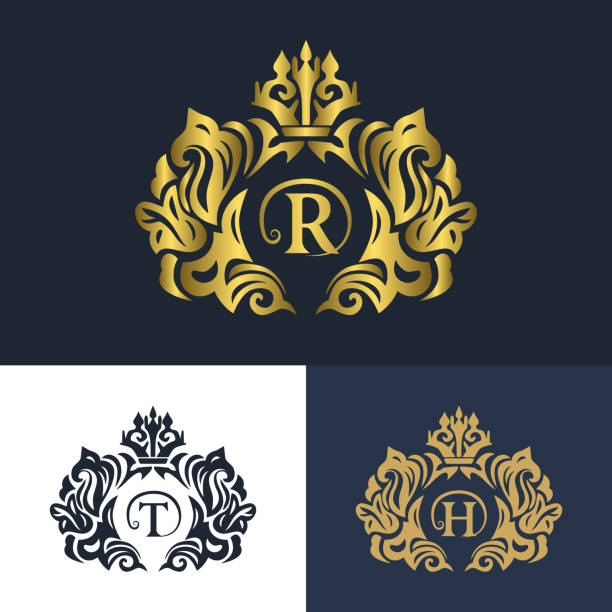 ilustrações, clipart, desenhos animados e ícones de elementos criativos monogramas, modelo gracioso. design de logotipo de linha caligráfica e elegante. emblema de cartas h, r, t para realeza, cartão de visita, boutique, hotel, heraldic, joias. ilustração vetorial. - letter h letter a letter t letter e