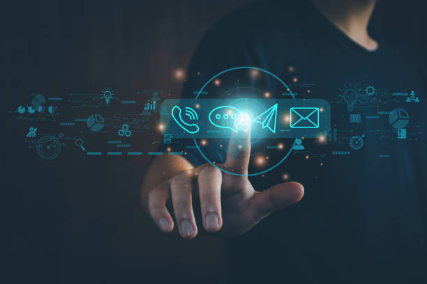 Concept Contact us or connected customer support hotline. businessman touching icon to communicate on a virtual screen,through a digital, global network. Icon (Email,Live Chat,Internet,Phone, Message)