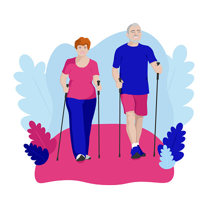 Senior couple exersice nordic walking in park. Flat vector Illustration abstract background.