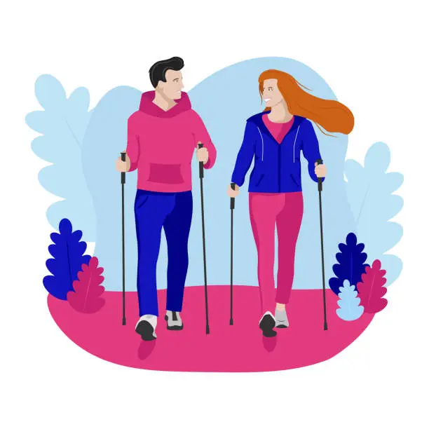 Vector illustration of Young couple exersice nordic walking in park. Flat vector Illustration abstract background.