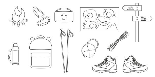 Black and White line hiking and travel equipment bundle. Set of boots, nordic walking sticks, map, thermos, cap, backpack, first aid kit, sign, fire, carbines and rope. Vector illustration in flat style. Black and White line hiking and travel equipment bundle. Set of boots, nordic walking sticks, map, thermos, cap, backpack, first aid kit, sign, fire, carbines and rope. Vector illustration in flat style. nordic walking pole stock illustrations