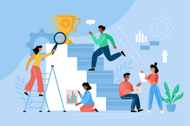 Career development concept. Modern vector illustration with businessman running up stairs and diverse people team planning career growth vector art illustration