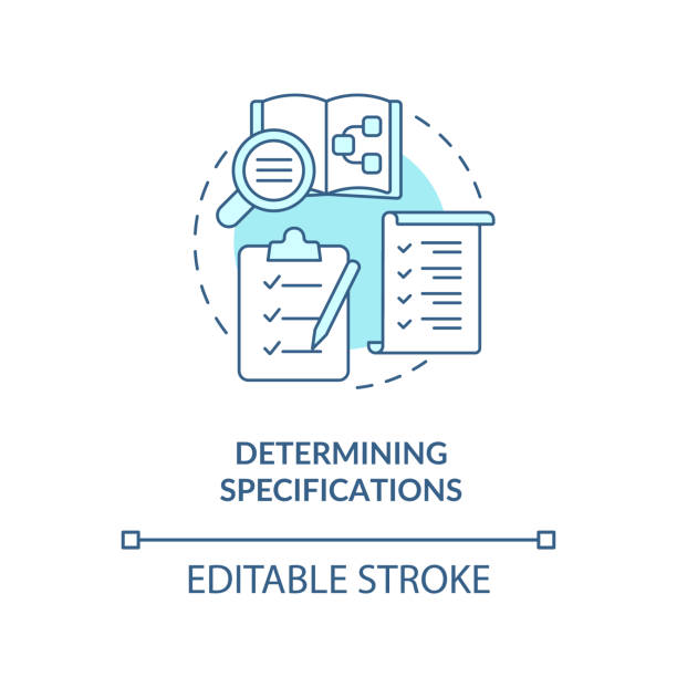 Determining specifications turquoise concept icon Determining specifications turquoise concept icon. Info system development stage abstract idea thin line illustration. Isolated outline drawing. Editable stroke. Arial, Myriad Pro-Bold fonts used specifications icon stock illustrations