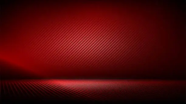 Vector illustration of Studio interior with carbon fiber texture. Modern carbon fiber textured red black interior with light. Background for mounting, product placement. Vector background, template, mockup