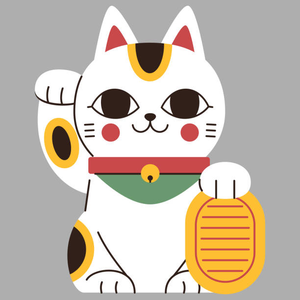 Maneki Neko with a right paw raised and left paw with a golden coin_v2 Vector illustration,White Maneki Neko Lucky Cat a right paw raised and left paw with a golden coin, Japanese symbol of good luck maneki neko stock illustrations