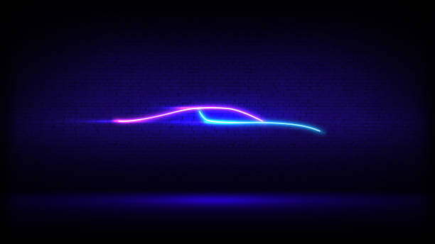 Neon glowing car silhouette. Neon sign brick wall branding. Modern led car silhouette in side view on dark wall background. Studio interior. Blue pink banner, logo, advertising design