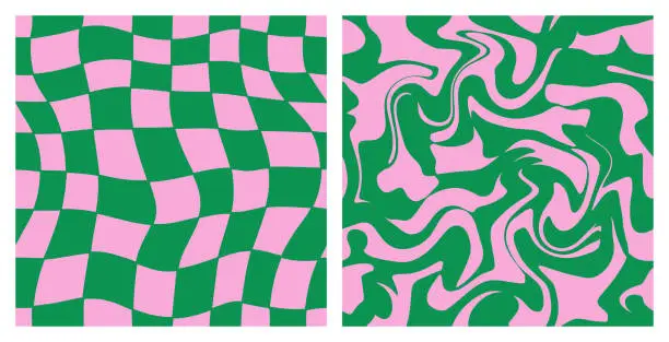 Vector illustration of 1970 Trippy Grid and Wavy Swirl Seamless Pattern Set in Pink and Green Colors. Hand-Drawn Vector Illustration. Seventies Style, Groovy Background, Wallpaper, Print. Flat Design, Hippie Aesthetic.