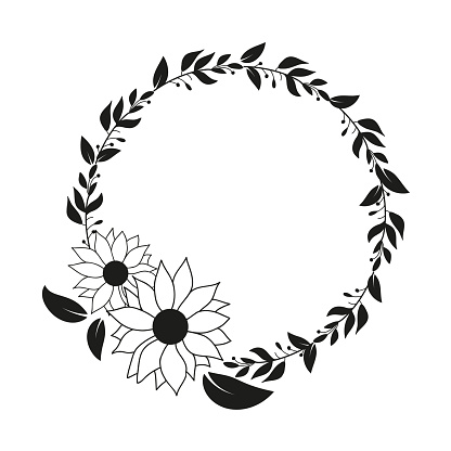 Set of hand drawn wreath with leaves and flowers. Simple and elegant wedding invitation card template. Vector outline illustration isolated on white background