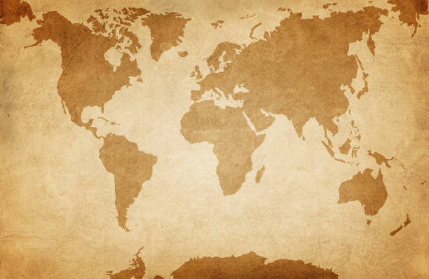 ilustrações de stock, clip art, desenhos animados e ícones de world map on old grunge paper background - map world map old cartography