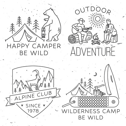 Set of Outdoor adventure badge. Vector. Concept for shirt or print, stamp, travel badge or tee. Vintage line art design with camping tent, bear with lantern, campfire, camper tent, pot on the fire, axe and mountain