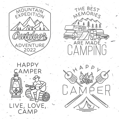 Set of mountain expedition badge. Vector illustration. Concept for shirt or emblem, print, stamp or tee. Vintage line art design with campfire, marshmallow, rv, motorhome, camping trailer.