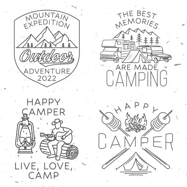 Vector illustration of Set of mountain expedition badge. Vector illustration. Concept for shirt or emblem, print, stamp or tee. Vintage line art design with campfire, marshmallow, rv, motorhome, camping trailer.