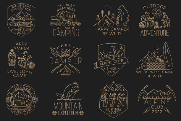 Set of Hiking, mountain expedition badge. Vector. Vintage line art design with mountaineers, camping tent, bear with lantern, campfire, camper tent, pot on the fire, axe and mountain. Set of Hiking, mountain expedition badge. Vector. Vintage line art design with mountaineers, camping tent, bear with lantern, campfire, camper tent, pot on the fire, axe and mountain graphic t shirt stock illustrations