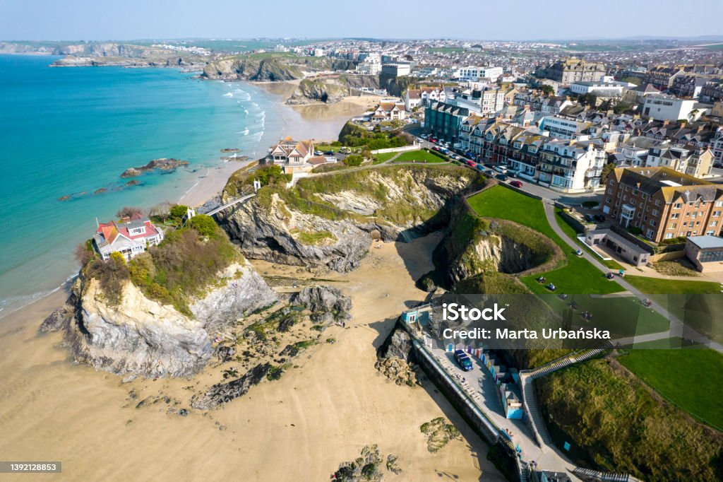 The aerial view of Newquay beach, Cornwall, England, UK. Cornwall - England Stock Photo