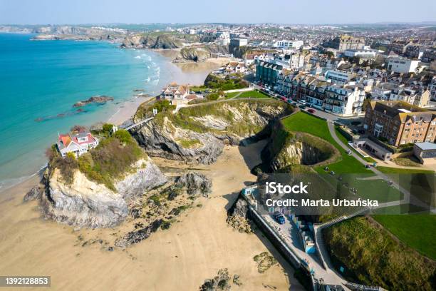 The Aerial View Of Newquay Beach Cornwall England Uk Stock Photo - Download Image Now