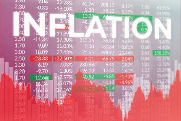 istock Word Inflation on red and gray finance background. 3D render, soft focus. Global economy concept 1392130599