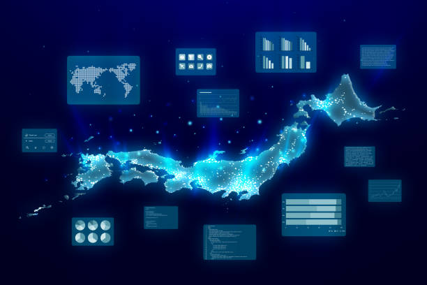 日本の地図や統計データをクラウド上で解析する。デザインの背景画像 - japan digital map点のイラスト素材／クリップアート素材／マンガ素材／アイコン素材
