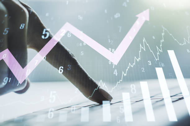 istock Abstract creative financial graph with upward arrow and hands typing on laptop on background, forex and investment concept. Multiexposure 1392130939