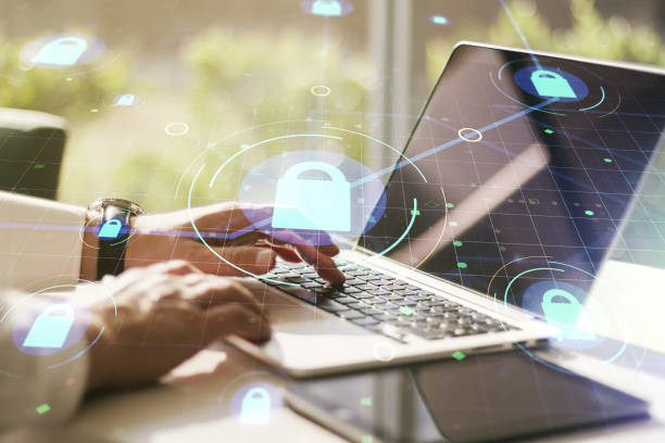 istock Creative lock sketch with chip hologram and hands typing on computer keyboard on background, protection of personal data concept. Multiexposure 1392130964