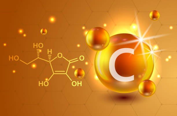 ilustraciones, imágenes clip art, dibujos animados e iconos de stock de signo de nutrición vector concepto. el poder de la vitamina fórmula químico c. - vitamin c