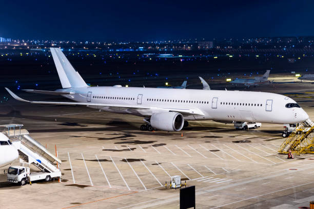 istock Large passenger aircraft parked at night 1392133527