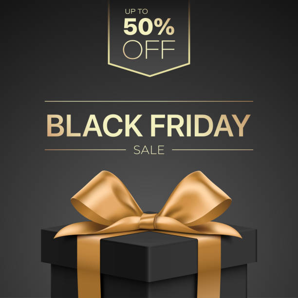 illustrations, cliparts, dessins animés et icônes de carte de réduction black friday avec coffret cadeau. - black friday