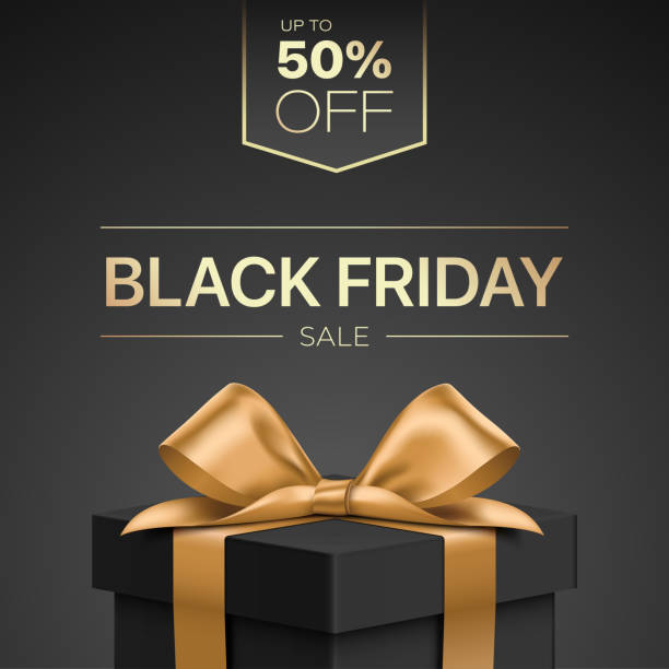 Black Friday discount card with gift box. Black Friday discount card vector design, with luxury style black gift box wrapped with golden ribbon. black friday stock illustrations