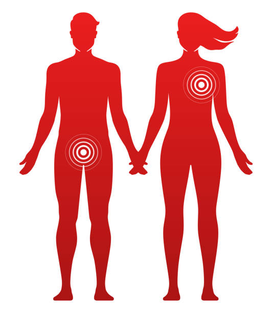 Gender preferences in romantic or sexual relations Different preferences in romantic or sexual relations, concept vector illustration. Man and woman standing hand in hand with circle signs in different body parts. polygamy stock illustrations