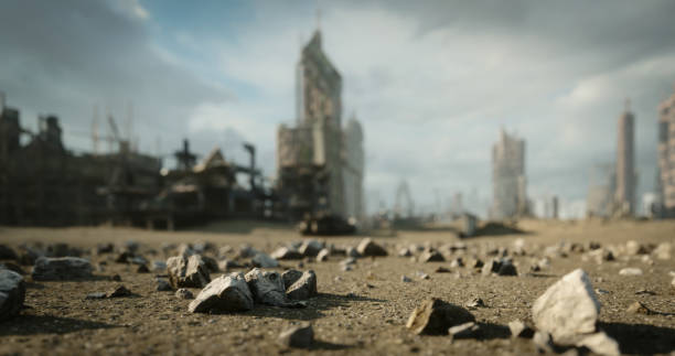 Wasteland Digitally generated desert city wasteland with abandoned and destroyed buildings.

The scene was created in Autodesk® 3ds Max 2022 with V-Ray 5 and rendered with photorealistic shaders and lighting in Chaos® Vantage with some post-production added. ruined stock pictures, royalty-free photos & images