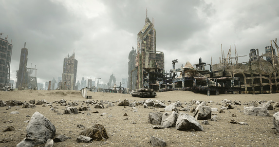 Digitally generated desert city wasteland with abandoned and destroyed buildings.\n\nThe scene was created in Autodesk® 3ds Max 2022 with V-Ray 5 and rendered with photorealistic shaders and lighting in Chaos® Vantage with some post-production added.