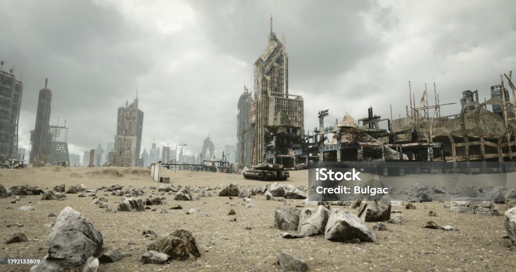Wasteland Digitally generated desert city wasteland with abandoned and destroyed buildings.

The scene was created in Autodesk® 3ds Max 2022 with V-Ray 5 and rendered with photorealistic shaders and lighting in Chaos® Vantage with some post-production added. Apocalypse Stock Photo