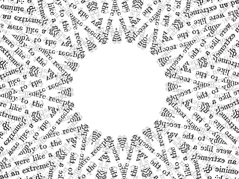 White circle surrounded by messy scrambled words. Abstract text and typography background illustration.
