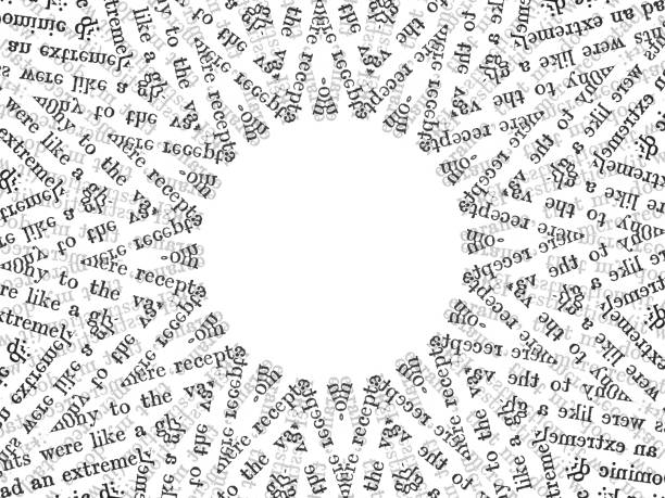 scrambled words abstract text illustration White circle surrounded by messy scrambled words. Abstract text and typography background illustration. single word stock illustrations