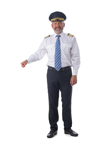 Senior adult airline first pilot aircraft commander holding something, empty copy space for travel bag, isolated on white background