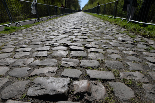 The cobblestone sector of Arenberg Forest in Paris–Roubaix