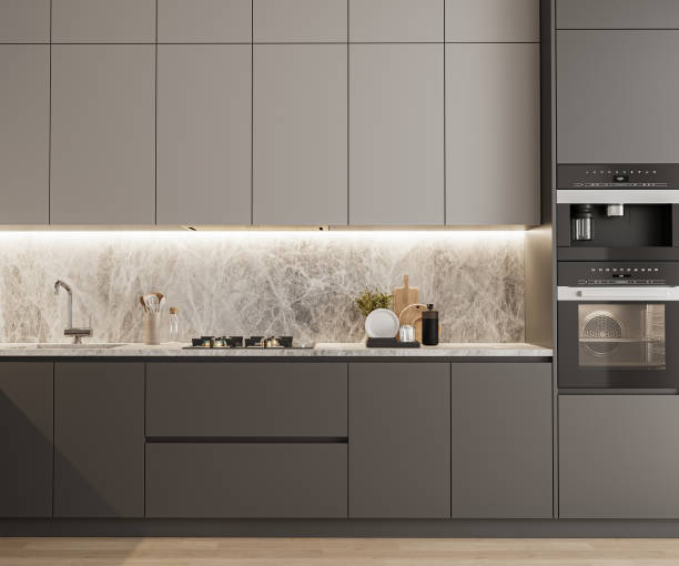 design moderno degli interni della cucina di lusso, rendering 3d - interno di veicolo foto e immagini stock