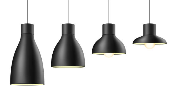 istock Vector set of matte black metal light shades in different shapes and sizes. 1392136897