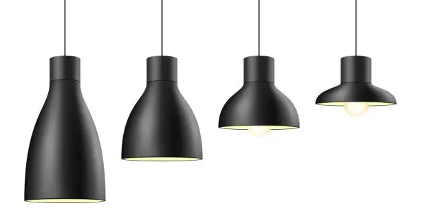 Vector illustration of Vector set of matte black metal light shades in different shapes and sizes.