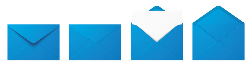 Vector set of realistic blue envelopes in different positions. Opened and closed envelope mockup isolated on a white background.
