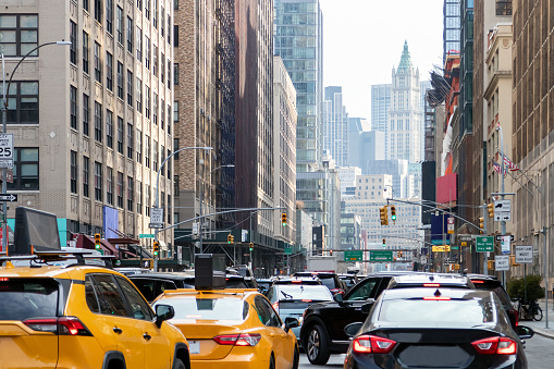 Traffic on the streets of Manhattan, New York, at night.