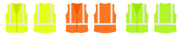 ilustraciones, imágenes clip art, dibujos animados e iconos de stock de chaleco de carretera con rayas reflectantes. juego de chaleco de seguridad: color verde, naranja y amarillo. - waistcoat