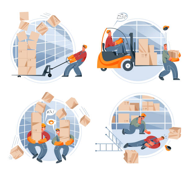 ilustrações de stock, clip art, desenhos animados e ícones de warehouse accidents set, workers with falling cardboard boxes, collision with machinery - wreck