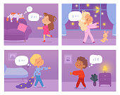 istock Kids sleepwalkers in pajamas set, funny little girls and boys sleepwalk at night 1392141964