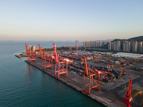 Aerial photography of loading and unloading equipment and operation scenario of Wharf