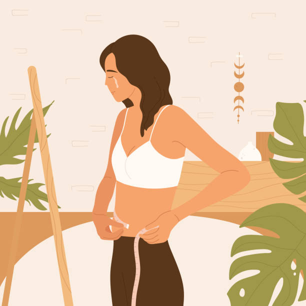 ilustrações de stock, clip art, desenhos animados e ícones de young crying woman measuring her waist. rejection of yourself, body shaming, eating disorder. girl is disappointed with the size of her waist. vector illustration in cartoon style. - anorexia