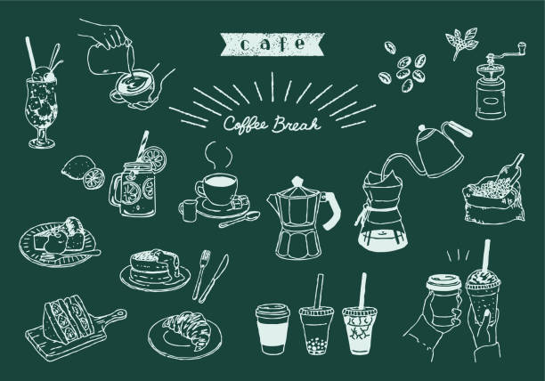 ilustraciones, imágenes clip art, dibujos animados e iconos de stock de cafe line dibujo ilustración set chalk art - bolígrafo y marcador