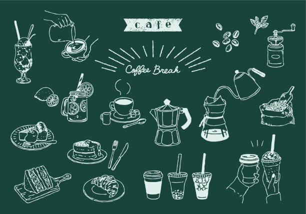 illustrations, cliparts, dessins animés et icônes de cafe line drawing illustration set chalk art - chalk drawing illustrations