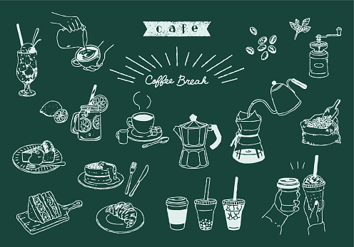 Cafe Line Drawing Illustration Set Chalk Art